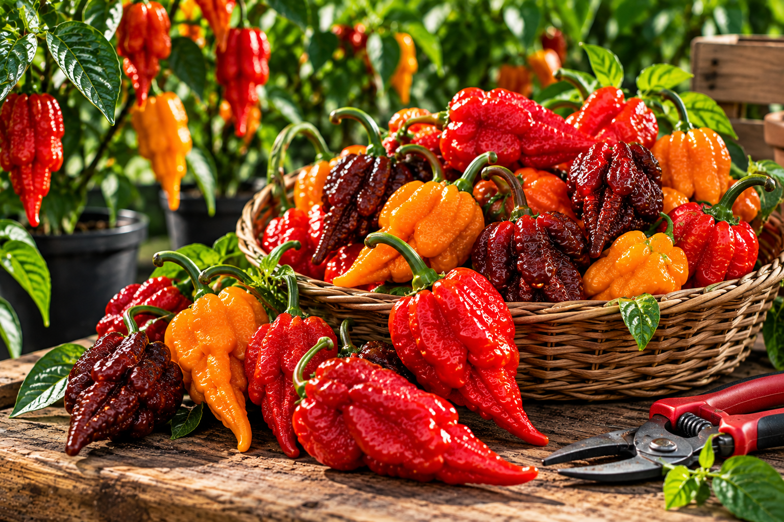 Cosecha de Carolina Reaper Bhut Jolokia y Trinidad Scorpion