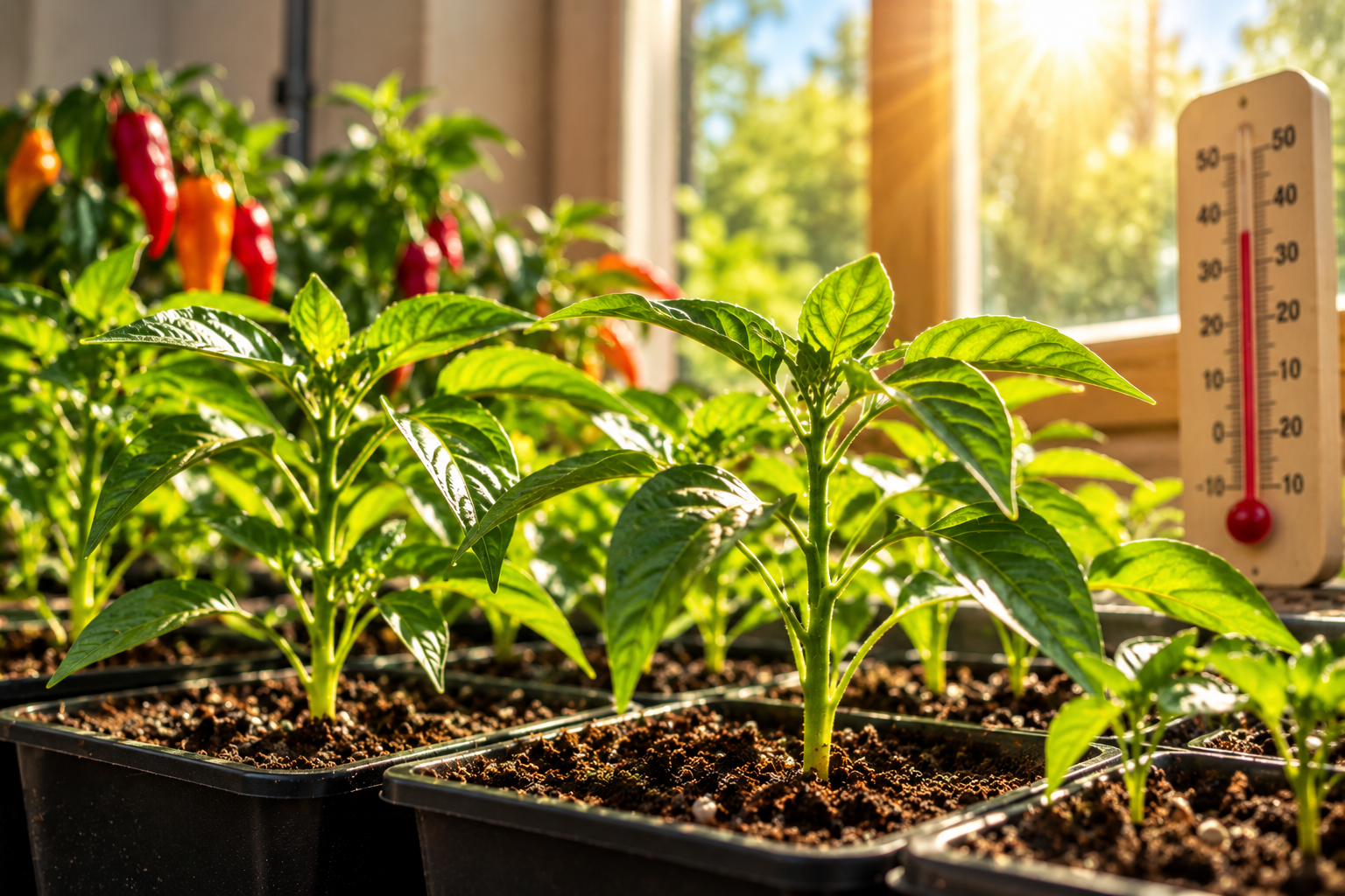 Plantas de chile creciendo con temperatura y luz adecuadas