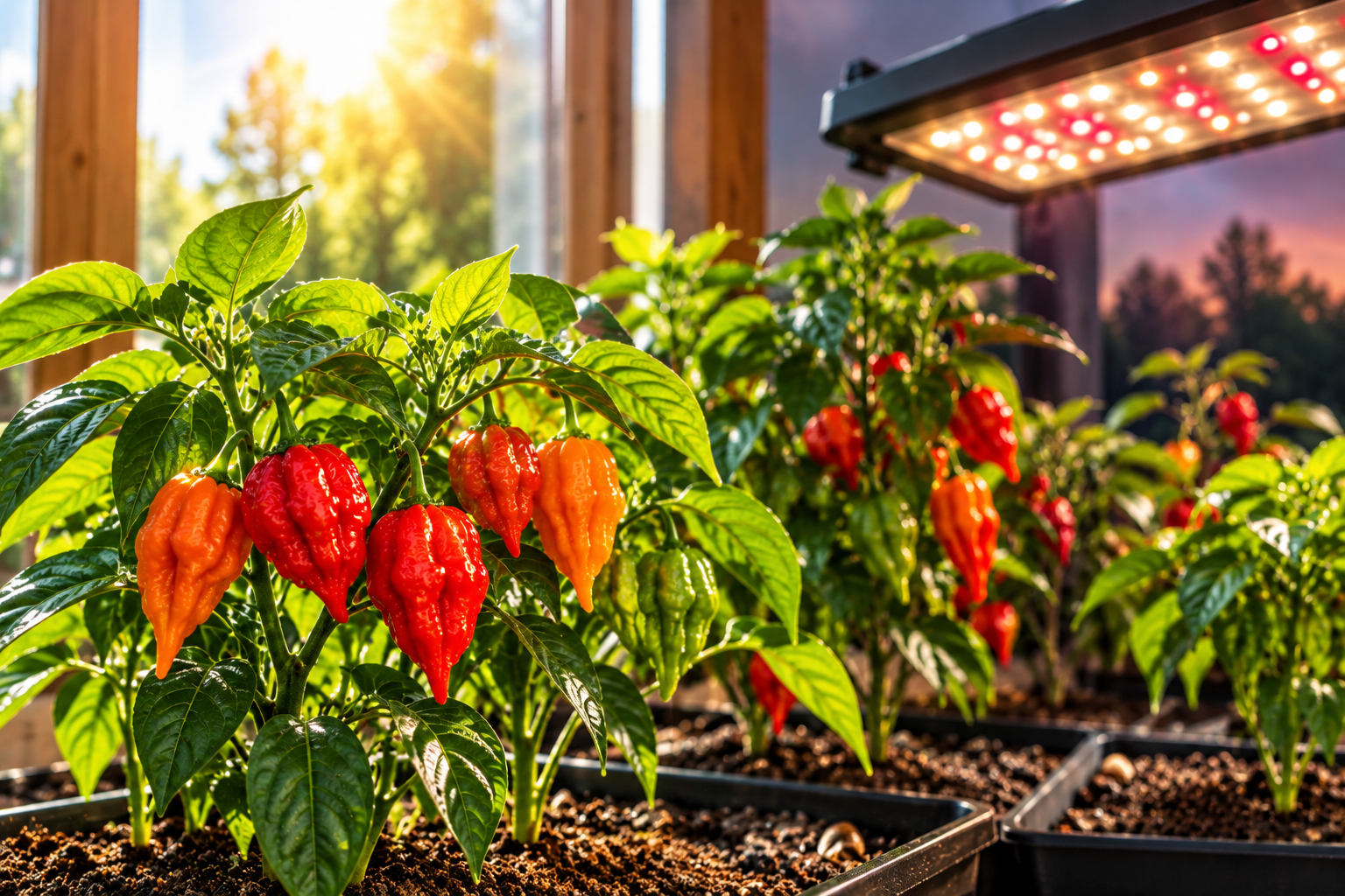 Plantas de chile con luz natural y luz de cultivo