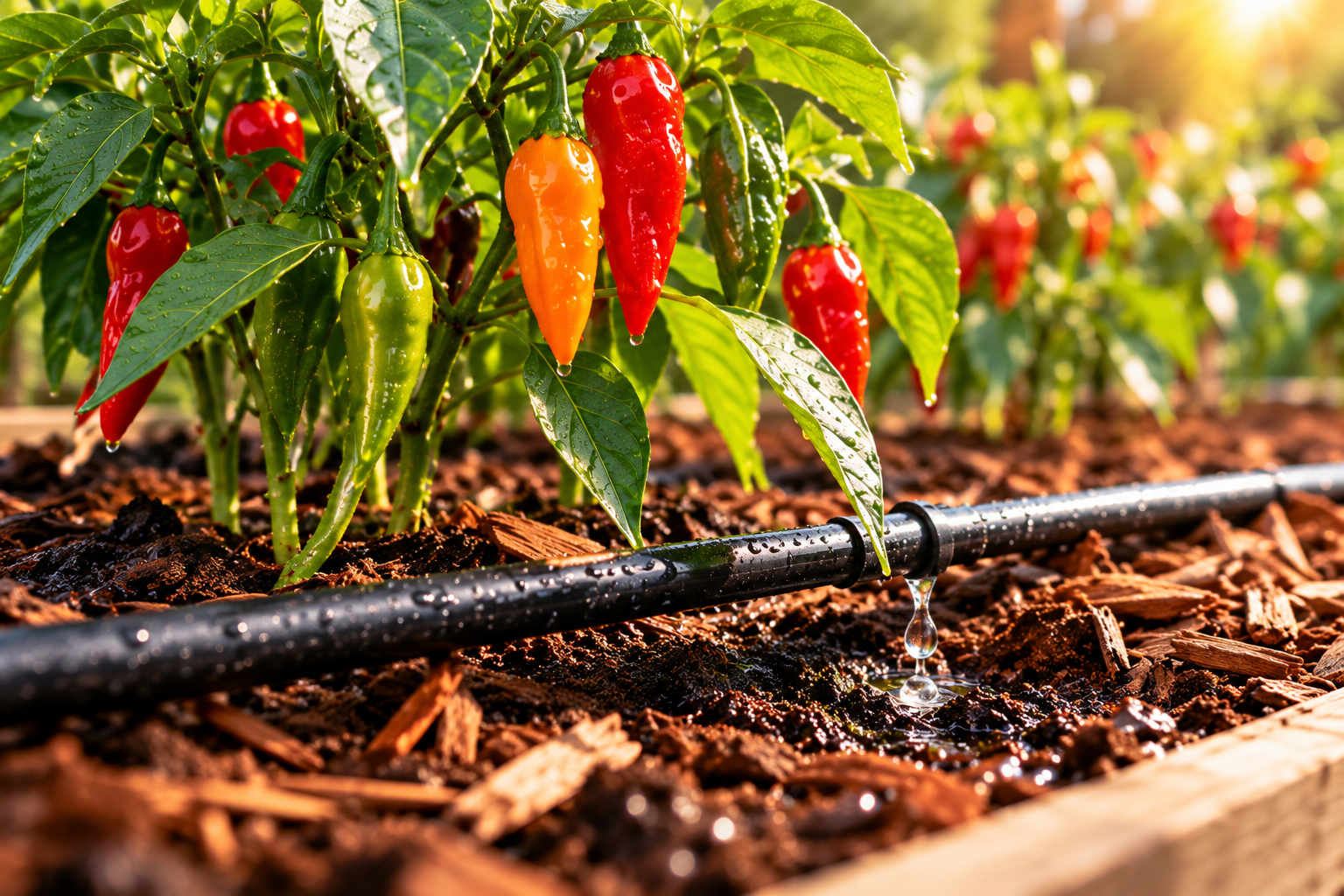 Sistema de riego por goteo para plantas de chile