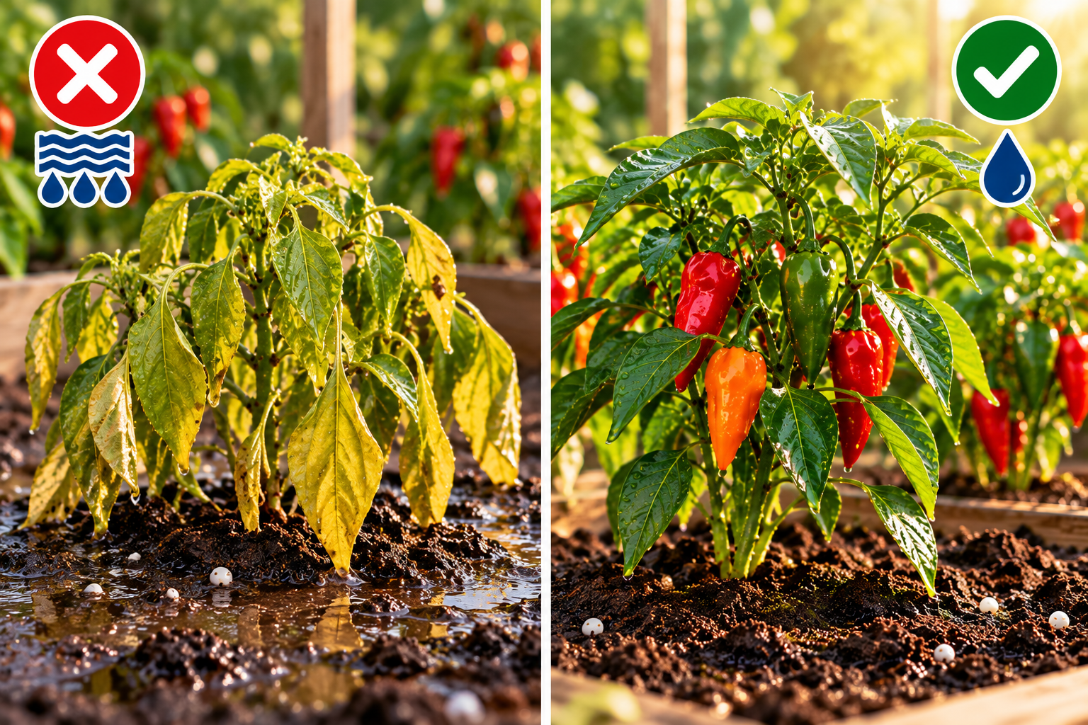 Comparación entre exceso de agua y riego correcto en plantas de chile