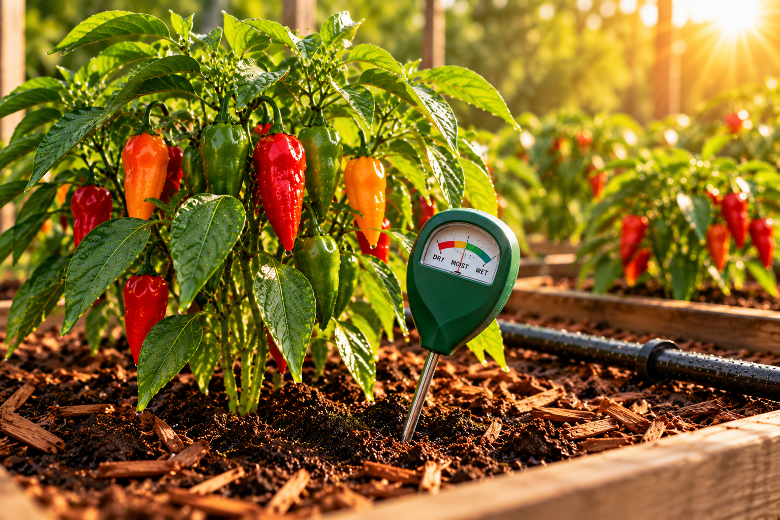 Medidor de humedad en cultivo de plantas de chile