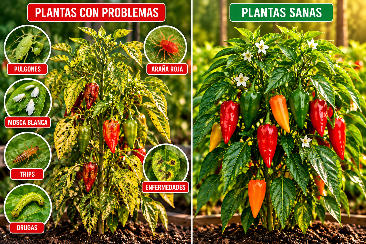 Comparación entre una planta de chile con problemas y una planta sana