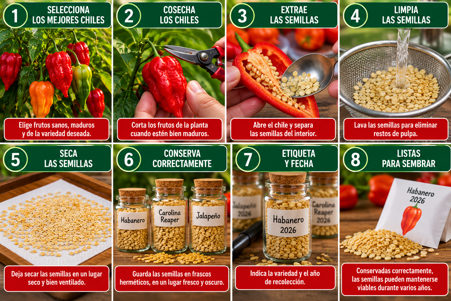 Pasos para cosechar chiles y conservar sus semillas