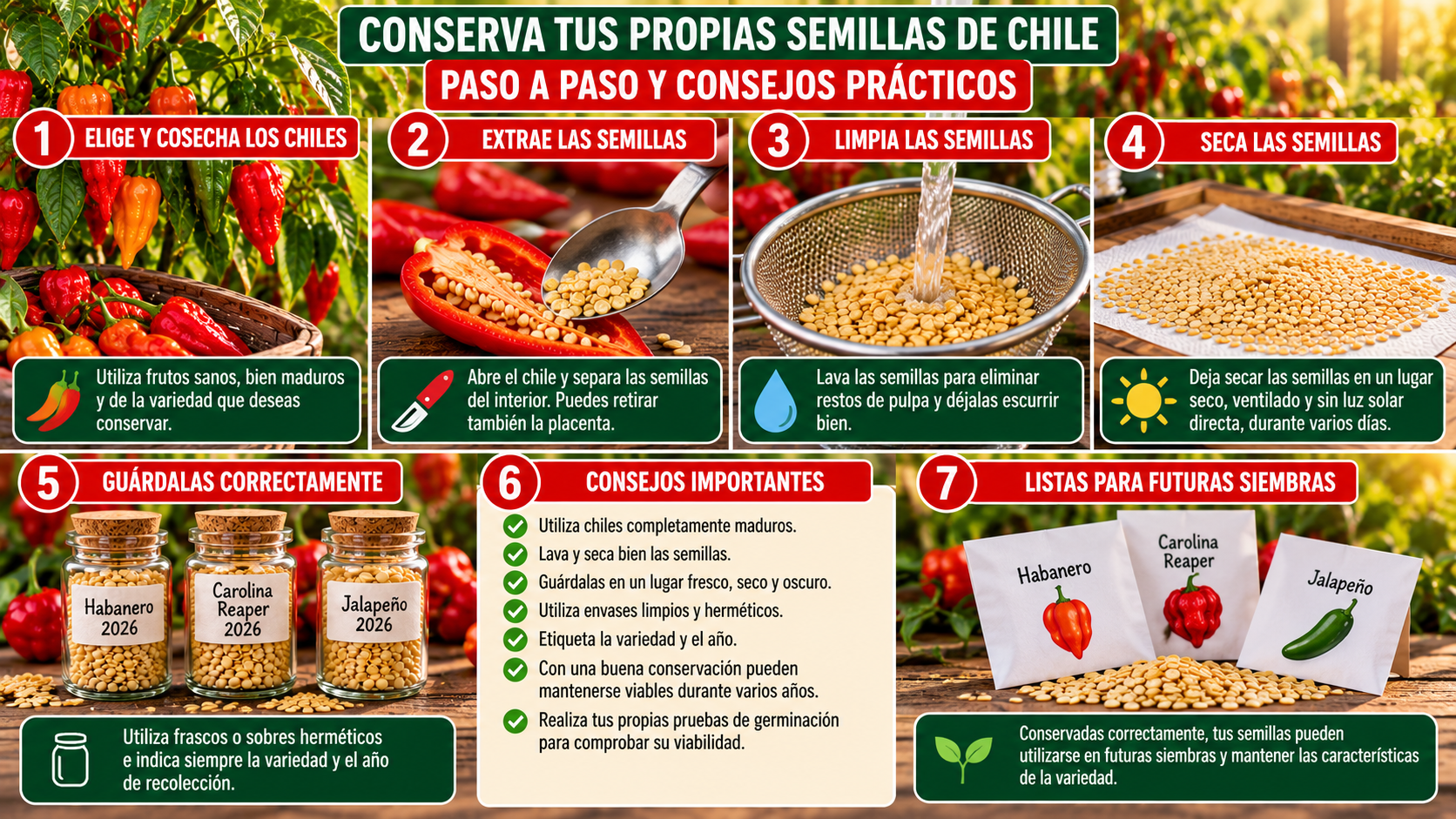 Consejos para conservar semillas de chile para futuras siembras