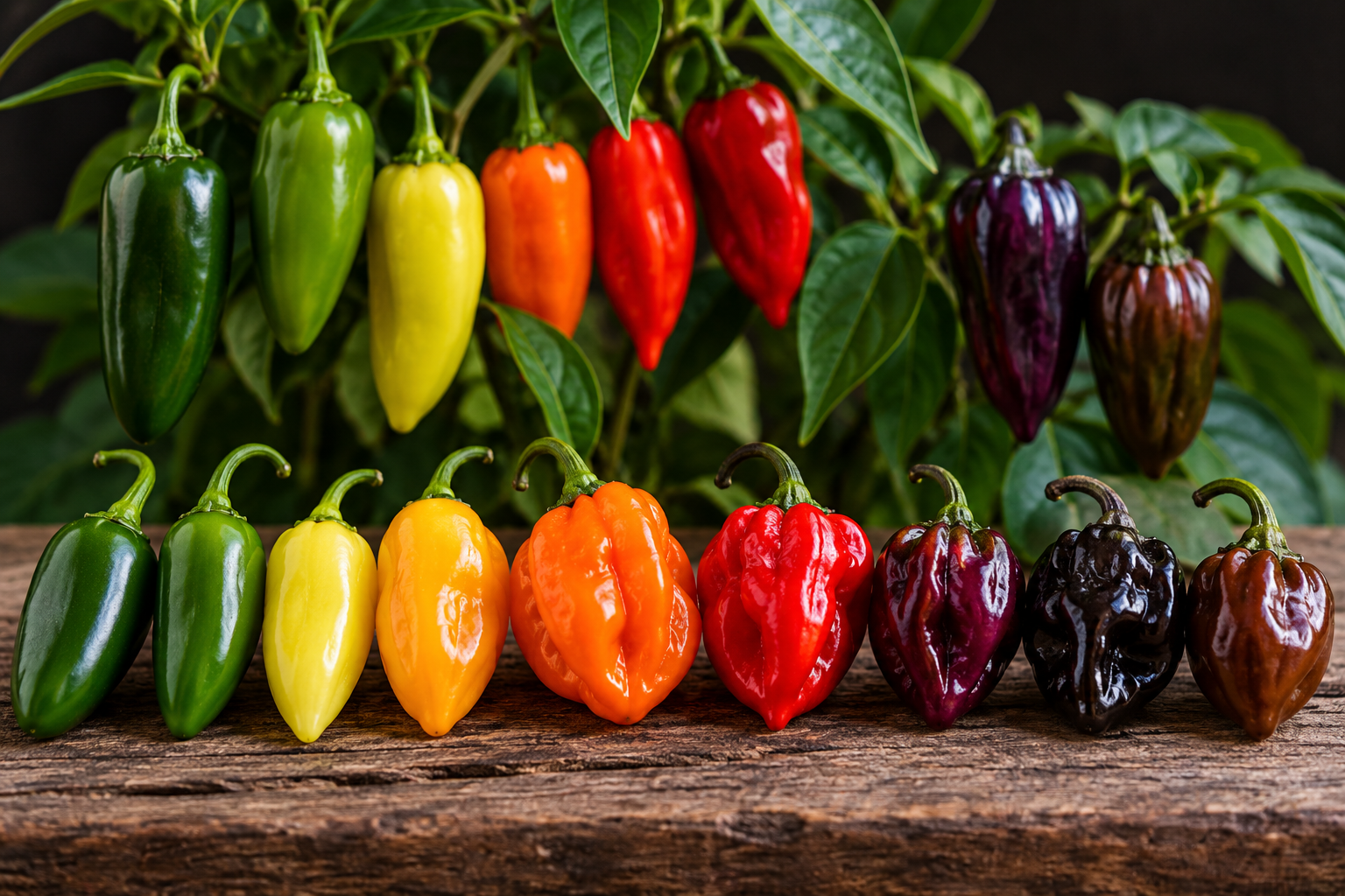 Chiles de diferentes colores durante la maduración